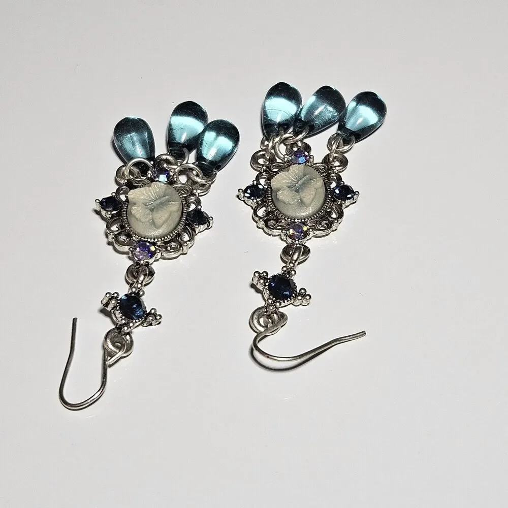 Silver Tone Blue Butterfly Cameo Chandelier Blue Glass Earrings